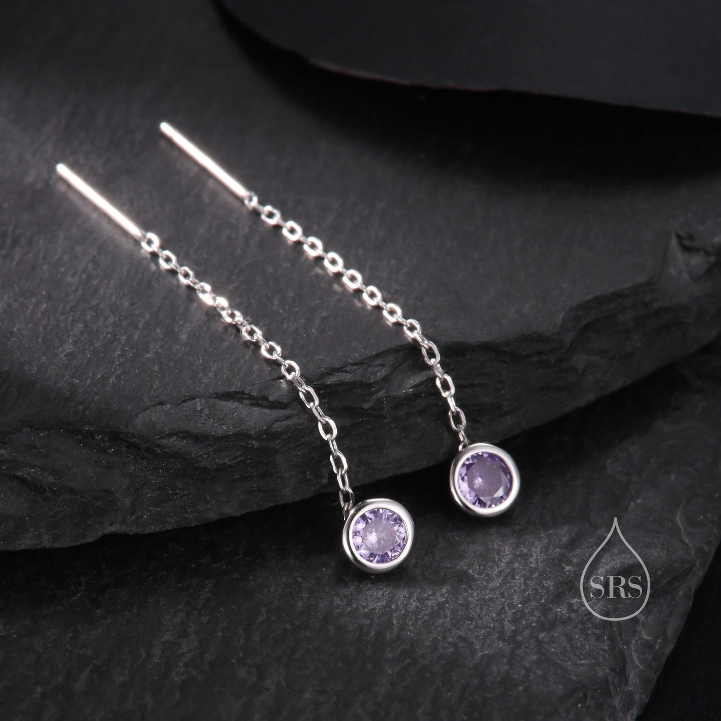 Amethyst Purple Bezel  CZ Crystal Threader Earrings in Sterling Silver, Silver or Gold, Minimalist Crystal Ear Threaders