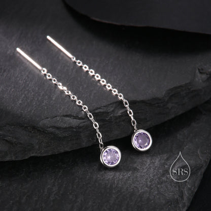 Amethyst Purple Bezel  CZ Crystal Threader Earrings in Sterling Silver, Silver or Gold, Minimalist Crystal Ear Threaders