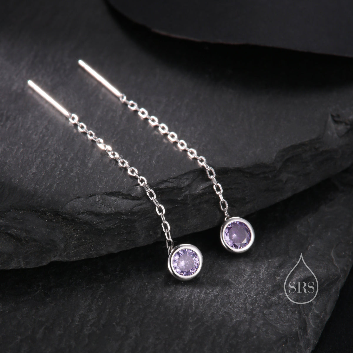 Amethyst Purple Bezel CZ Crystal Threader Earrings in Sterling Silver, Silver or Gold, Minimalist Crystal Ear Threaders