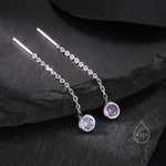 Amethyst Purple Bezel CZ Crystal Threader Earrings in Sterling Silver, Silver or Gold, Minimalist Crystal Ear Threaders