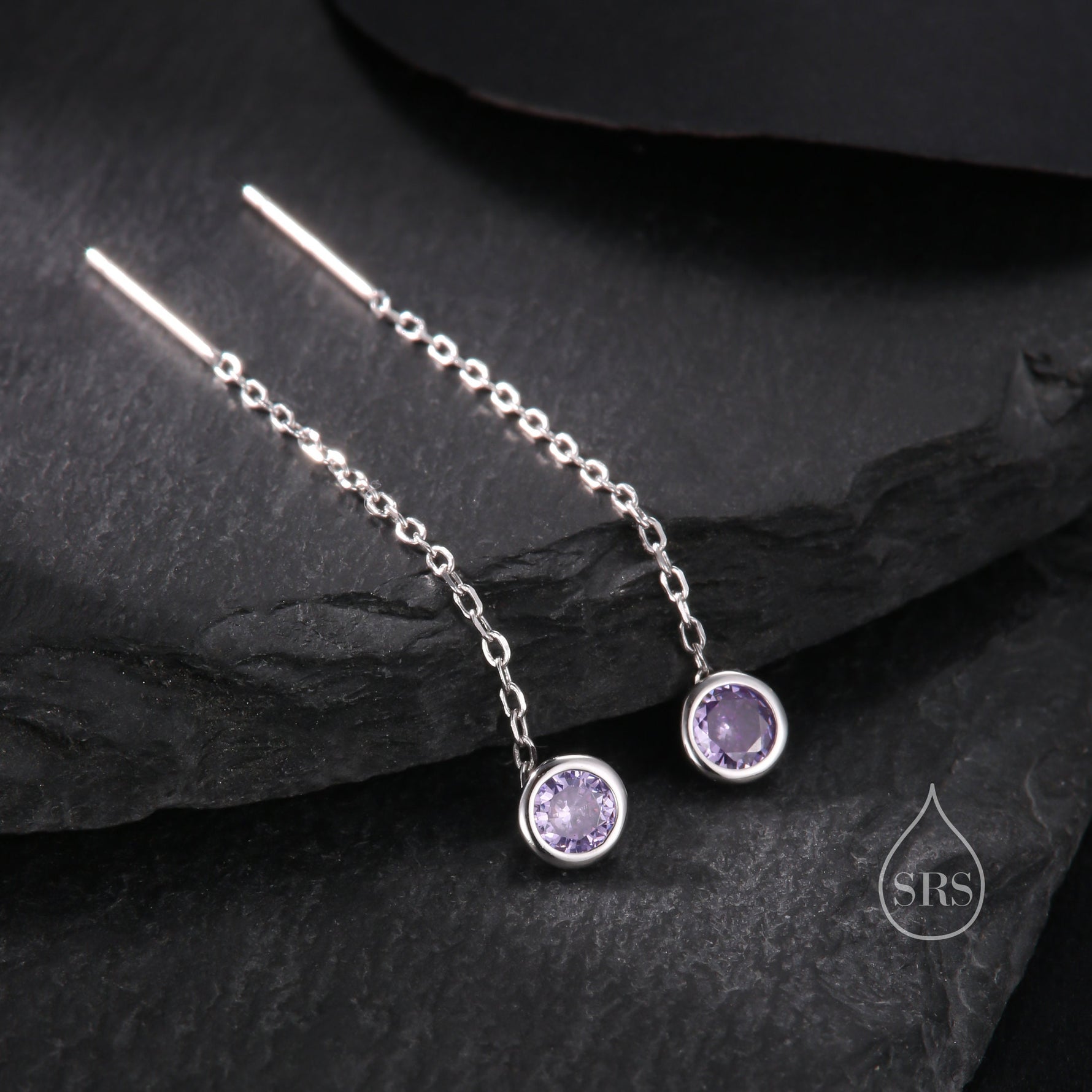 Amethyst Purple Bezel CZ Crystal Threader Earrings in Sterling Silver, Silver or Gold, Minimalist Crystal Ear Threaders