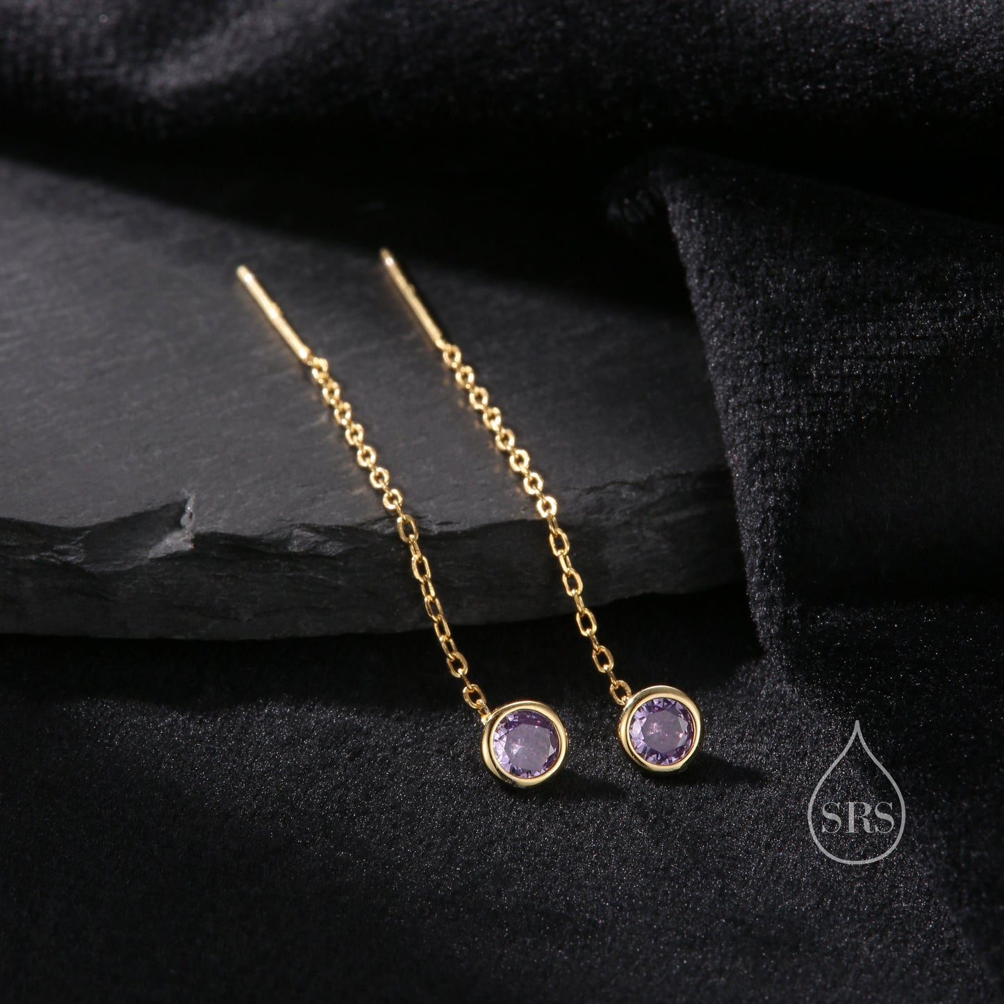 Amethyst Purple Bezel  CZ Crystal Threader Earrings in Sterling Silver, Silver or Gold, Minimalist Crystal Ear Threaders