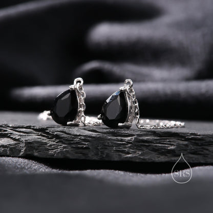 Black CZ Droplet Threader Earrings in Sterling Silver, Silver or Gold,  5x7mm Pear Cut CZ Long Ear Threaders, Sparkly CZ Threaders