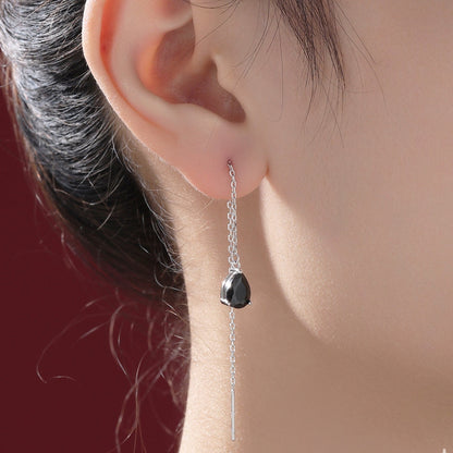 Black CZ Droplet Threader Earrings in Sterling Silver, Silver or Gold,  5x7mm Pear Cut CZ Long Ear Threaders, Sparkly CZ Threaders