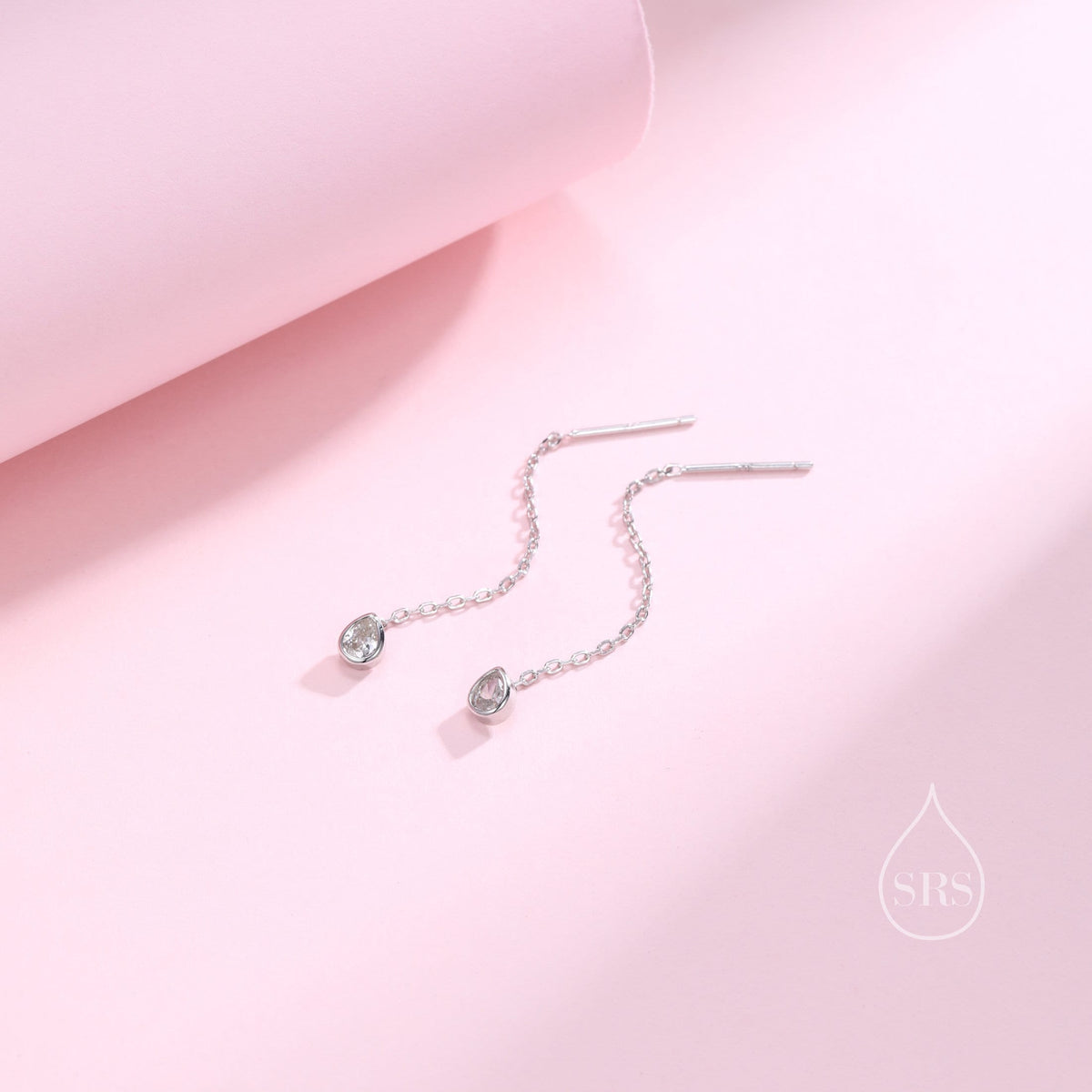 Delicate Droplet Bezel CZ Crystal Threader Earrings in Sterling Silver, Silver or Gold, Minimalist Pear Cut Crystal Ear Threaders