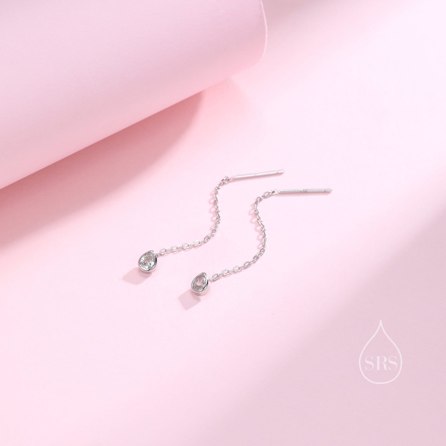 Delicate Droplet Bezel CZ Crystal Threader Earrings in Sterling Silver, Silver or Gold, Minimalist Pear Cut Crystal Ear Threaders