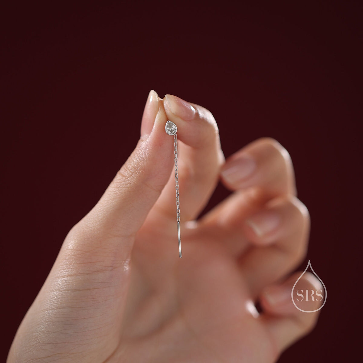 Delicate Droplet Bezel CZ Crystal Threader Earrings in Sterling Silver, Silver or Gold, Minimalist Pear Cut Crystal Ear Threaders