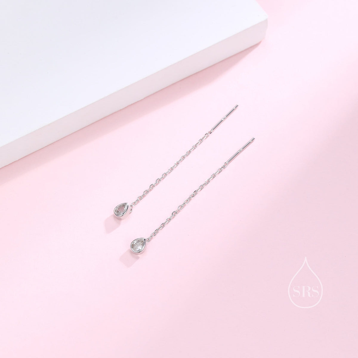 Delicate Droplet Bezel CZ Crystal Threader Earrings in Sterling Silver, Silver or Gold, Minimalist Pear Cut Crystal Ear Threaders