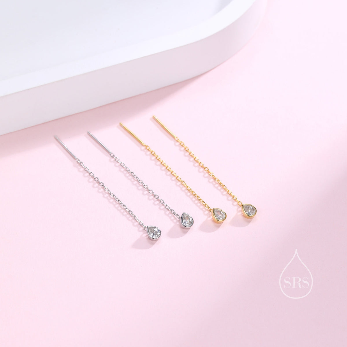 Delicate Droplet Bezel CZ Crystal Threader Earrings in Sterling Silver, Silver or Gold, Minimalist Pear Cut Crystal Ear Threaders