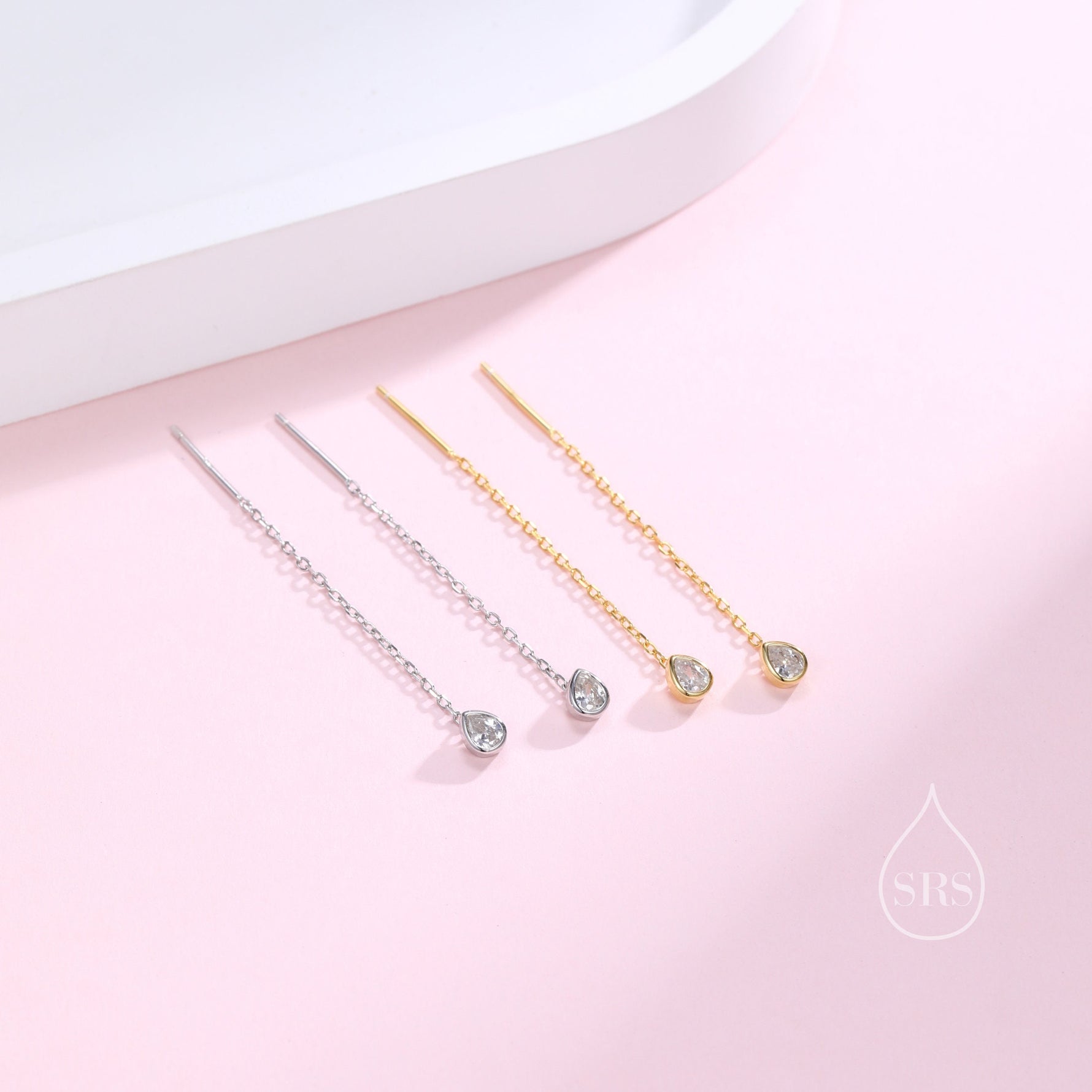 Delicate Droplet Bezel CZ Crystal Threader Earrings in Sterling Silver, Silver or Gold, Minimalist Pear Cut Crystal Ear Threaders