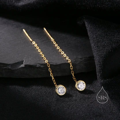 Delicate 4mm Bezel CZ Crystal Threader Earrings in Sterling Silver, Silver or Gold, Minimalist Pear Cut Crystal Ear Threaders