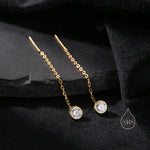 Delicate 4mm Bezel CZ Crystal Threader Earrings in Sterling Silver, Silver or Gold, Minimalist Pear Cut Crystal Ear Threaders