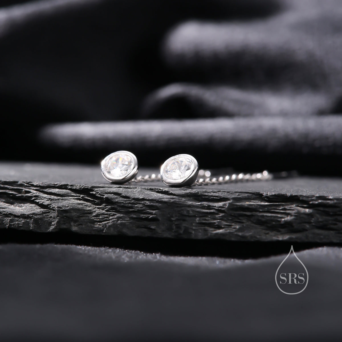 Delicate 4mm Bezel CZ Crystal Threader Earrings in Sterling Silver, Silver or Gold, Minimalist Pear Cut Crystal Ear Threaders