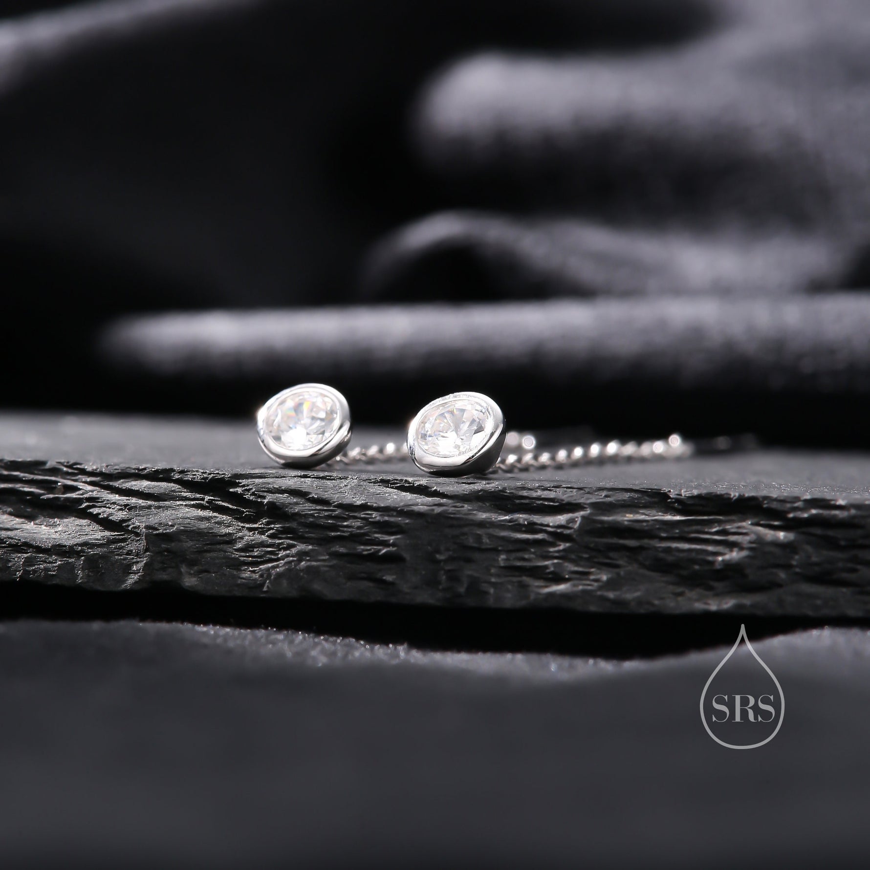 Delicate 4mm Bezel CZ Crystal Threader Earrings in Sterling Silver, Silver or Gold, Minimalist Pear Cut Crystal Ear Threaders