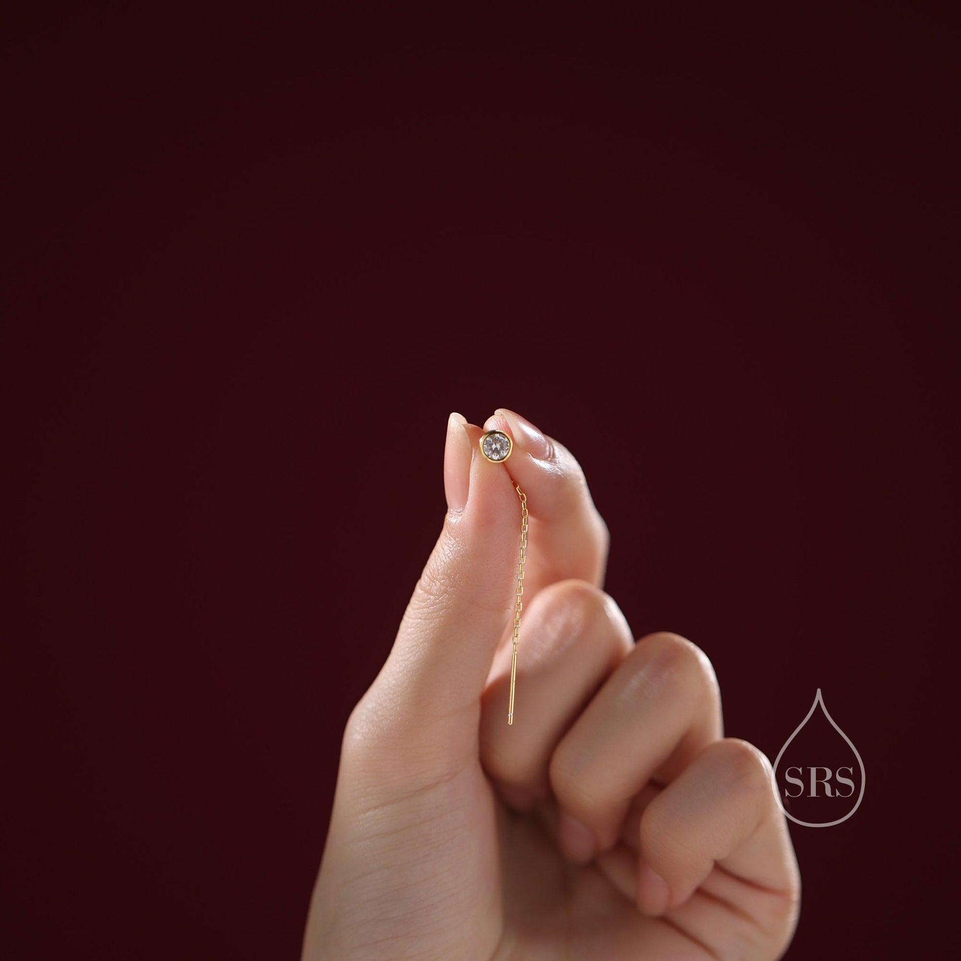 Delicate 4mm Bezel CZ Crystal Threader Earrings in Sterling Silver, Silver or Gold, Minimalist Pear Cut Crystal Ear Threaders