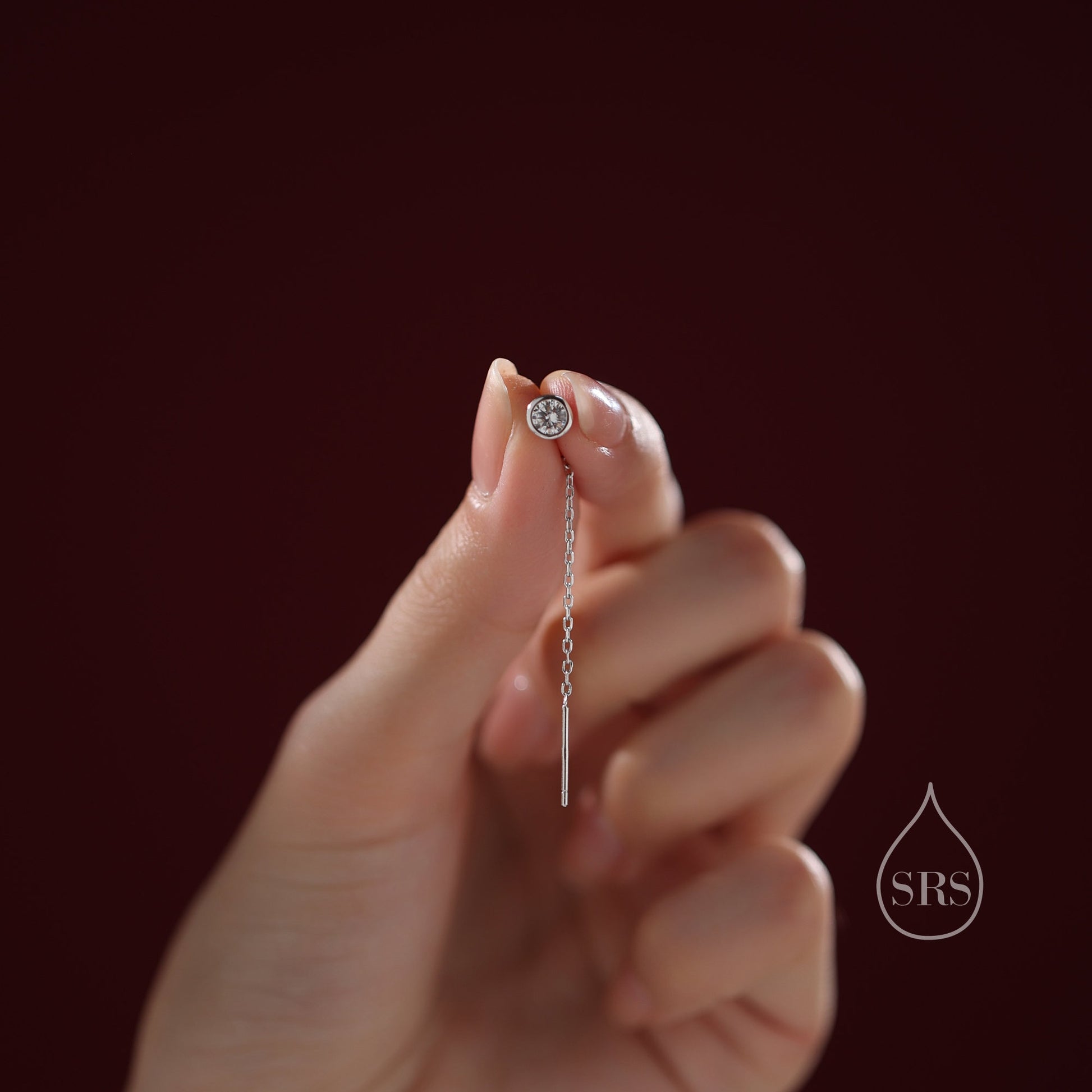 Delicate 4mm Bezel CZ Crystal Threader Earrings in Sterling Silver, Silver or Gold, Minimalist Pear Cut Crystal Ear Threaders