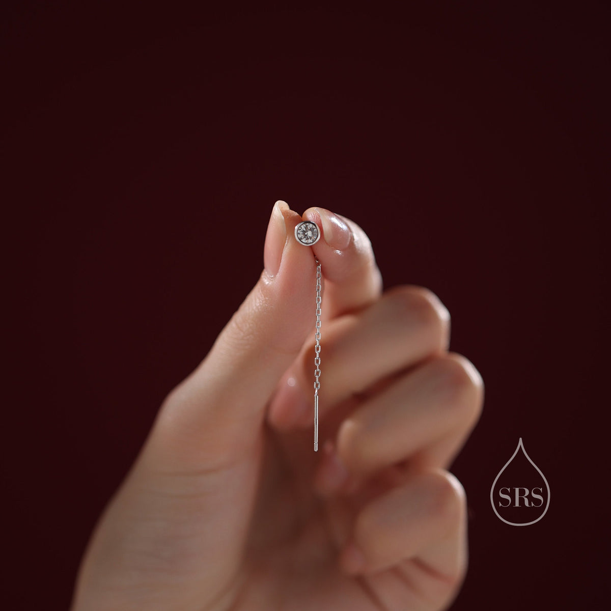 Delicate 4mm Bezel CZ Crystal Threader Earrings in Sterling Silver, Silver or Gold, Minimalist Pear Cut Crystal Ear Threaders