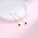 Tiny Sapphire Blue Droplet Bezel CZ Crystal Threader Earrings in Sterling Silver, Silver or Gold, Minimalist Pear Cut Ear Threaders
