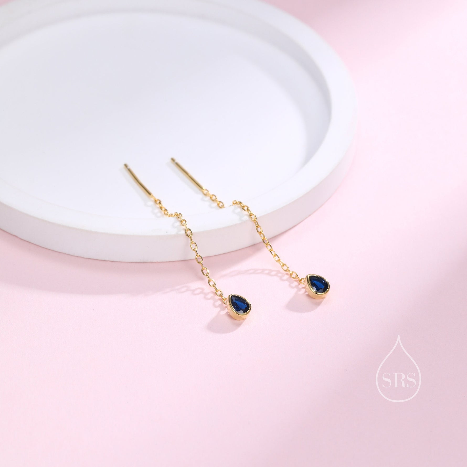 Tiny Sapphire Blue Droplet Bezel CZ Crystal Threader Earrings in Sterling Silver, Silver or Gold, Minimalist Pear Cut Ear Threaders