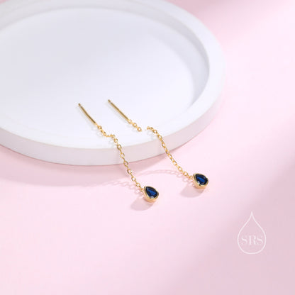 Tiny Sapphire Blue Droplet Bezel  CZ Crystal Threader Earrings in Sterling Silver, Silver or Gold, Minimalist Pear Cut Ear Threaders