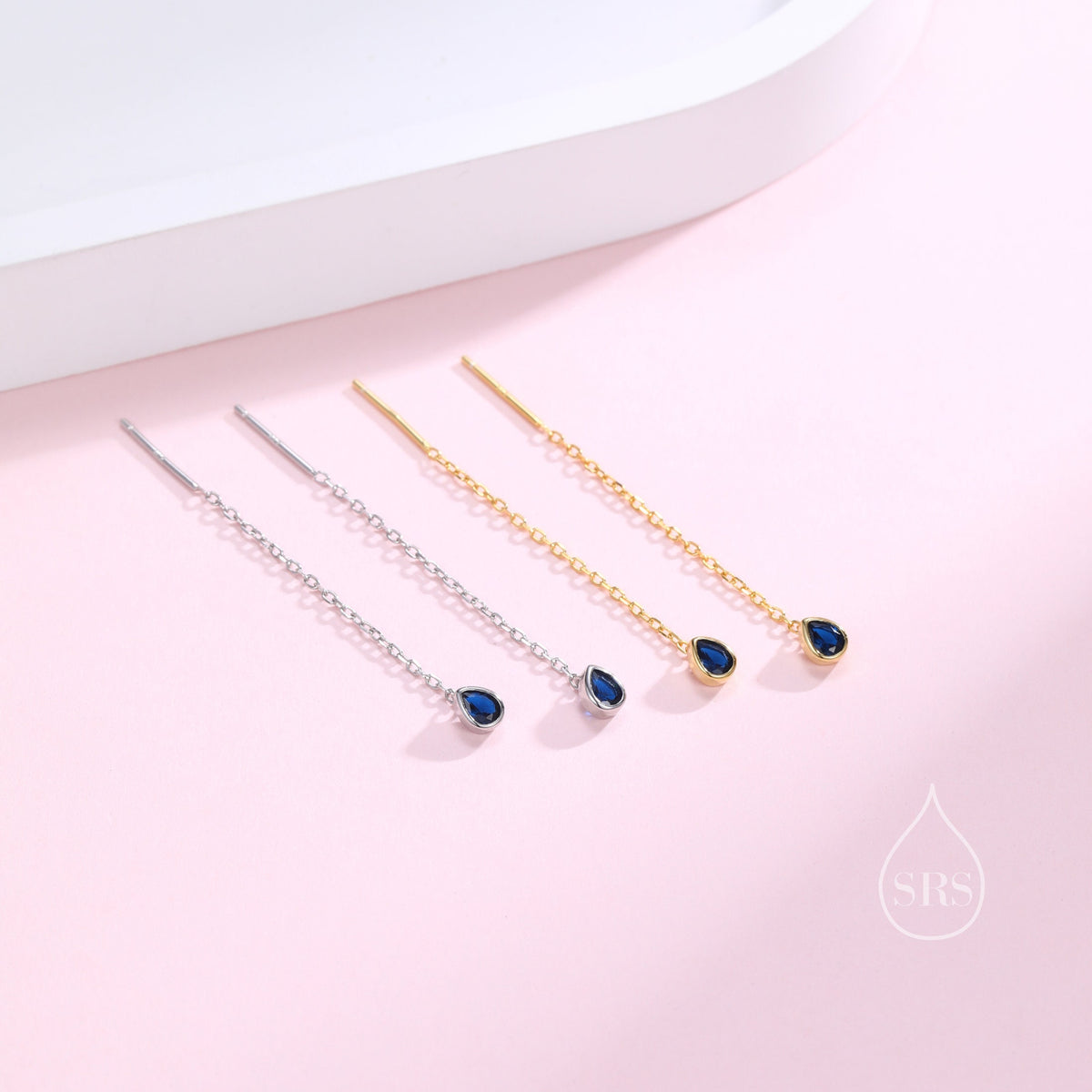 Tiny Sapphire Blue Droplet Bezel CZ Crystal Threader Earrings in Sterling Silver, Silver or Gold, Minimalist Pear Cut Ear Threaders