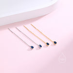 Tiny Sapphire Blue Droplet Bezel CZ Crystal Threader Earrings in Sterling Silver, Silver or Gold, Minimalist Pear Cut Ear Threaders