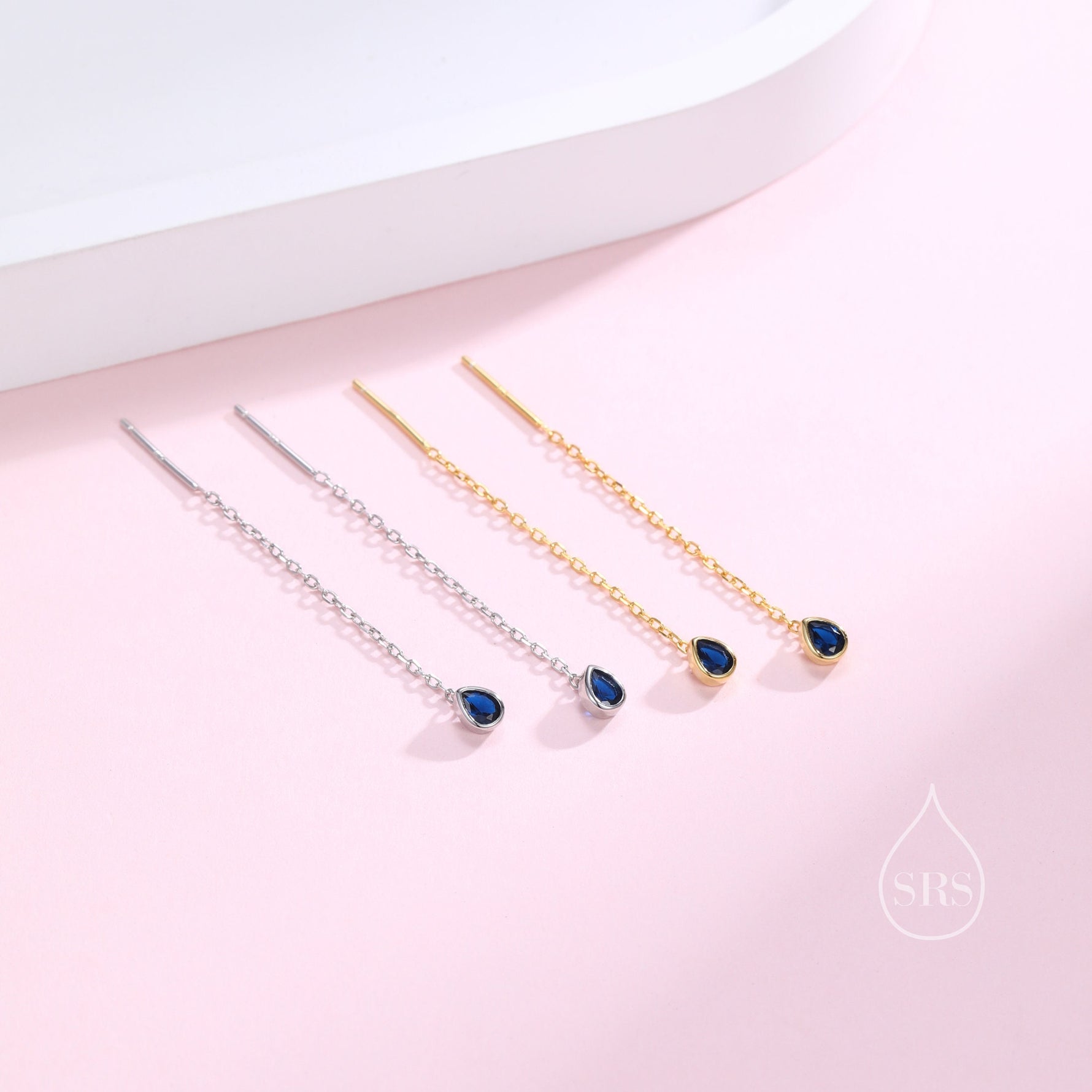 Tiny Sapphire Blue Droplet Bezel CZ Crystal Threader Earrings in Sterling Silver, Silver or Gold, Minimalist Pear Cut Ear Threaders