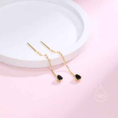 Tiny Black  Droplet Bezel  CZ Crystal Threader Earrings in Sterling Silver, Silver or Gold, Minimalist Pear Cut Ear Threaders