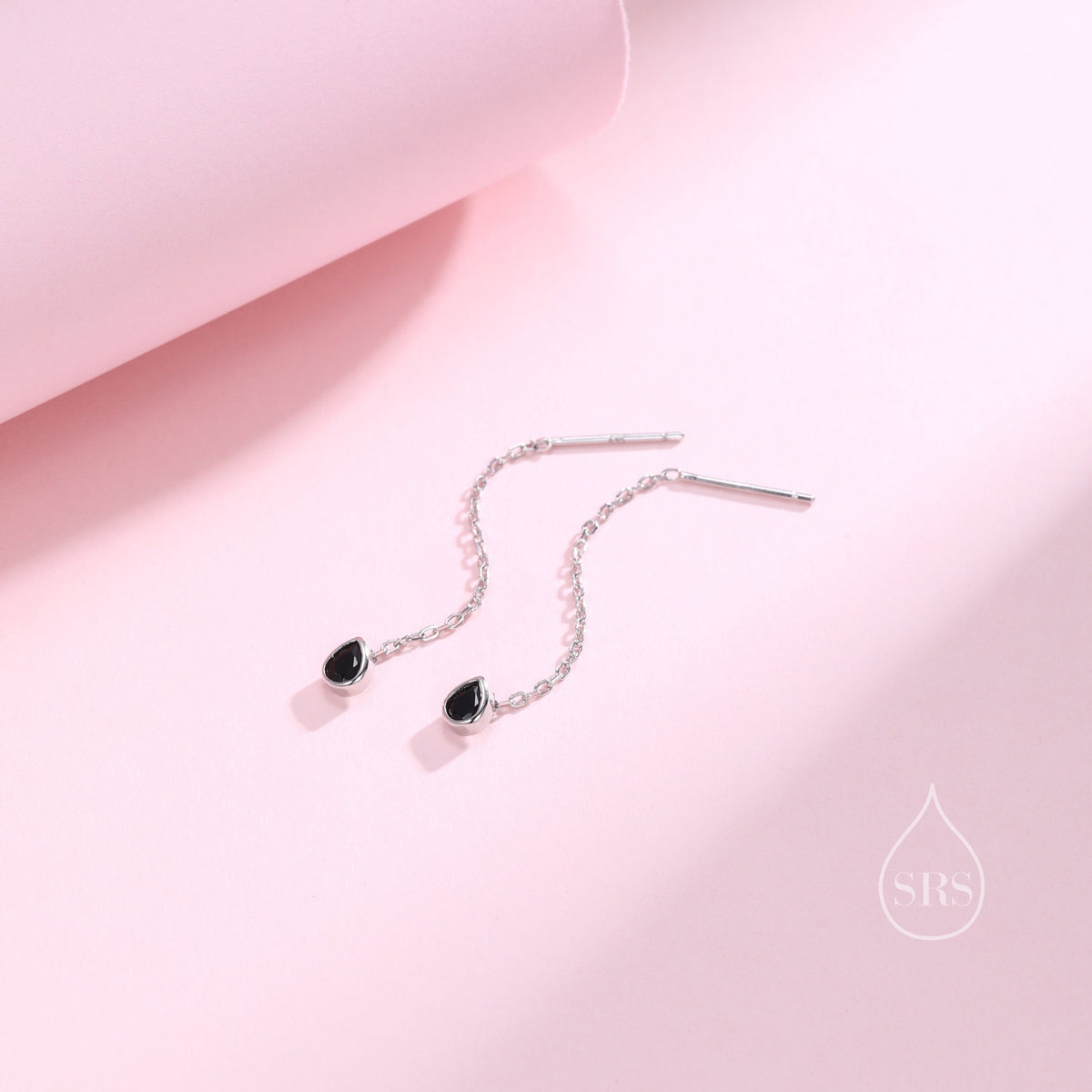 Tiny Black Droplet Bezel CZ Crystal Threader Earrings in Sterling Silver, Silver or Gold, Minimalist Pear Cut Ear Threaders