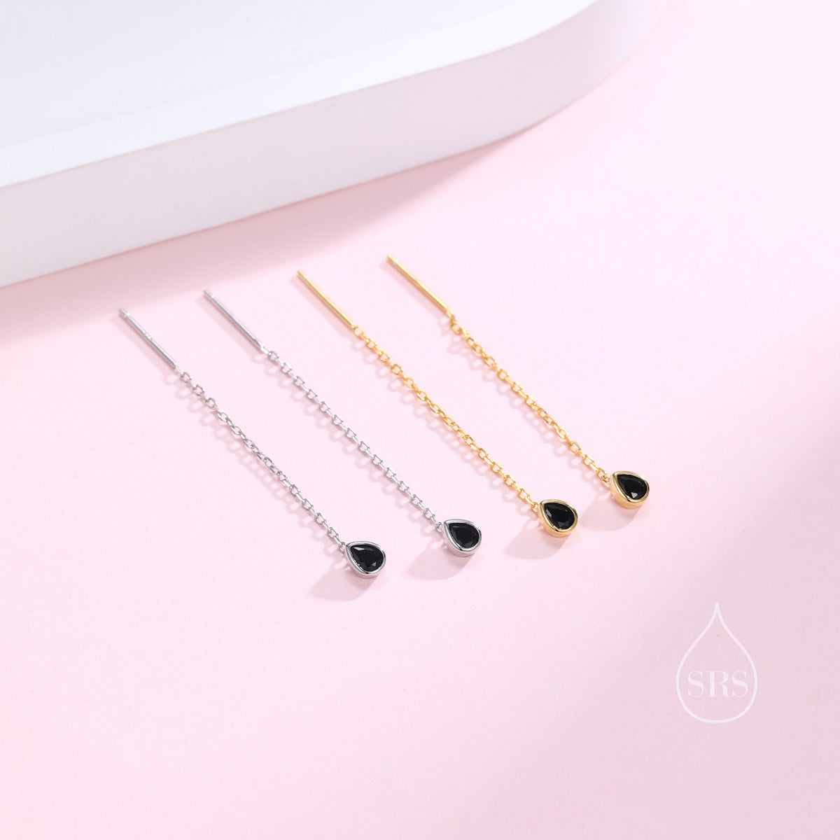 Tiny Black Droplet Bezel CZ Crystal Threader Earrings in Sterling Silver, Silver or Gold, Minimalist Pear Cut Ear Threaders