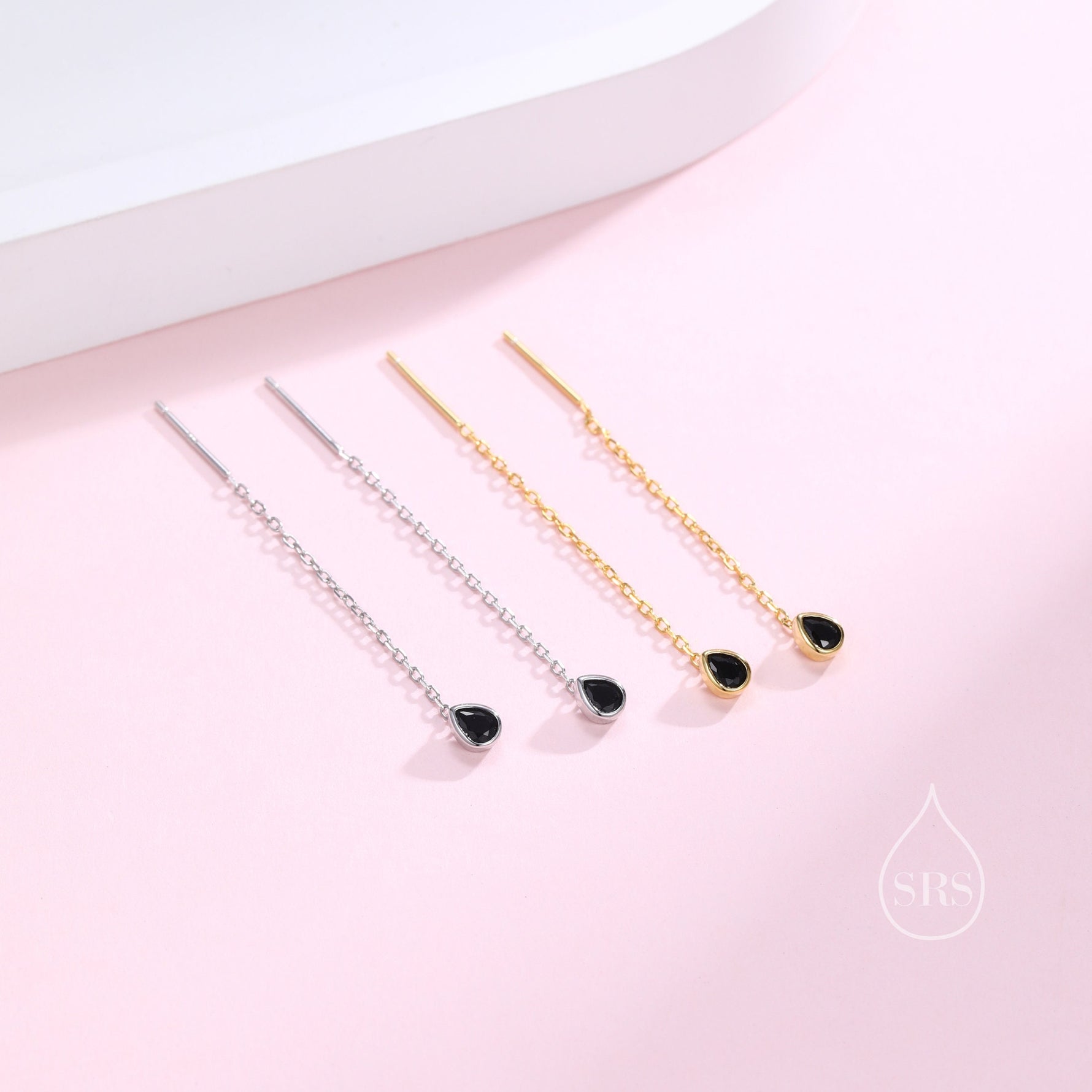 Tiny Black Droplet Bezel CZ Crystal Threader Earrings in Sterling Silver, Silver or Gold, Minimalist Pear Cut Ear Threaders