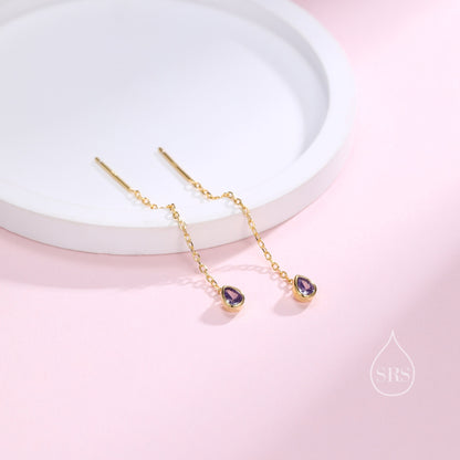 Tiny Amethyst Purple Droplet Bezel  CZ Crystal Threader Earrings in Sterling Silver, Silver or Gold, Minimalist Pear Cut Ear Threaders