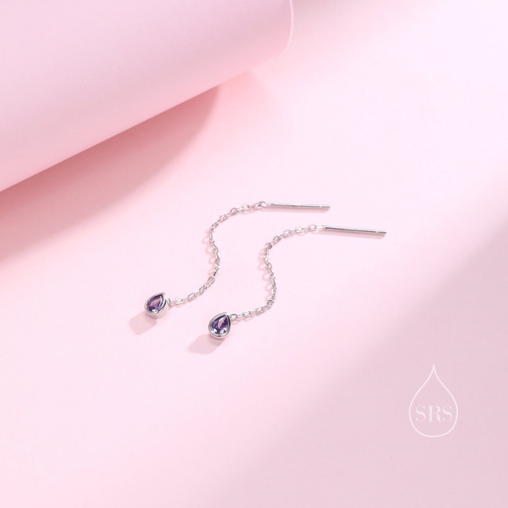 Tiny Amethyst Purple Droplet Bezel CZ Crystal Threader Earrings in Sterling Silver, Silver or Gold, Minimalist Pear Cut Ear Threaders