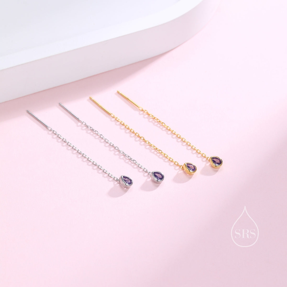 Tiny Amethyst Purple Droplet Bezel CZ Crystal Threader Earrings in Sterling Silver, Silver or Gold, Minimalist Pear Cut Ear Threaders