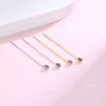 Tiny Amethyst Purple Droplet Bezel CZ Crystal Threader Earrings in Sterling Silver, Silver or Gold, Minimalist Pear Cut Ear Threaders
