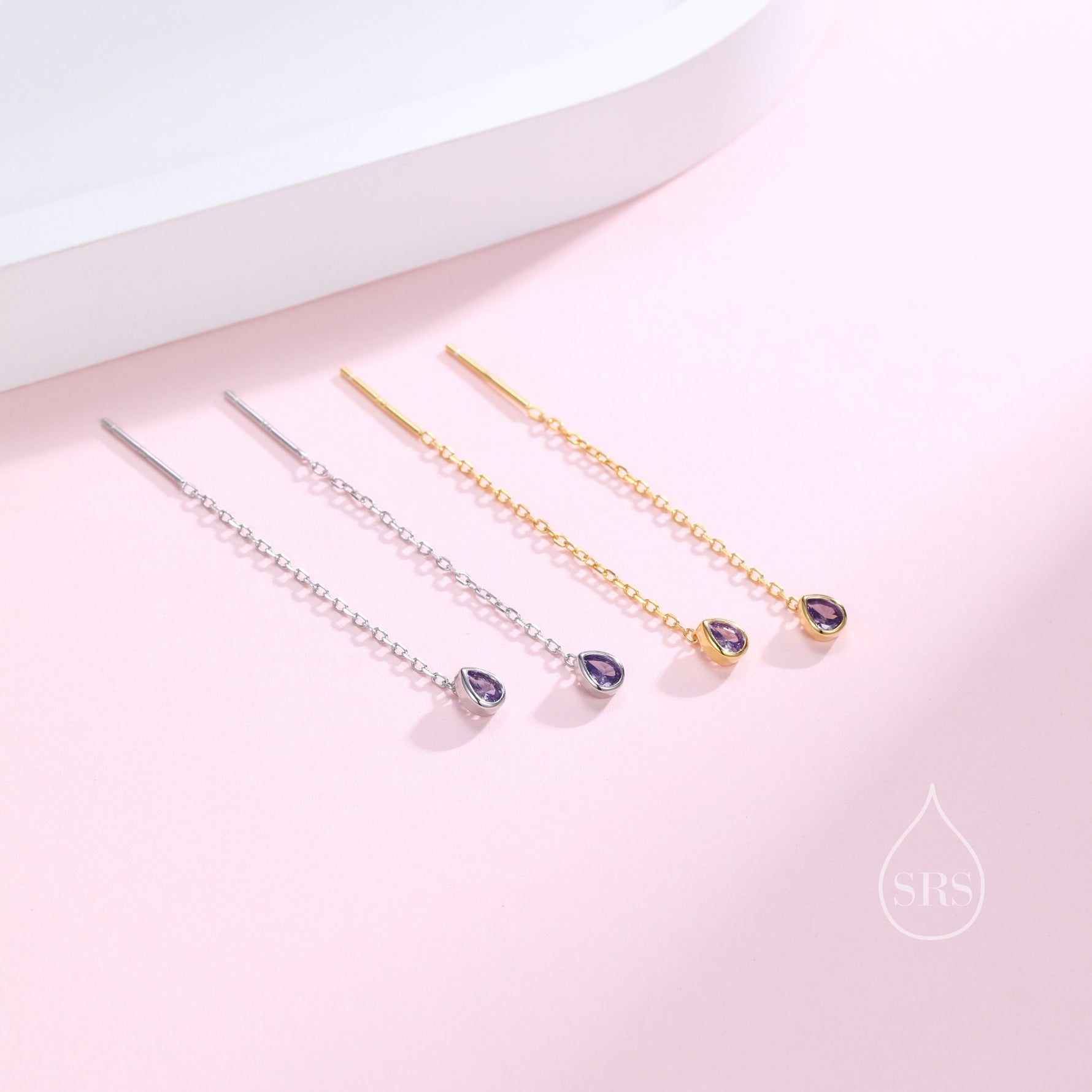 Tiny Amethyst Purple Droplet Bezel CZ Crystal Threader Earrings in Sterling Silver, Silver or Gold, Minimalist Pear Cut Ear Threaders