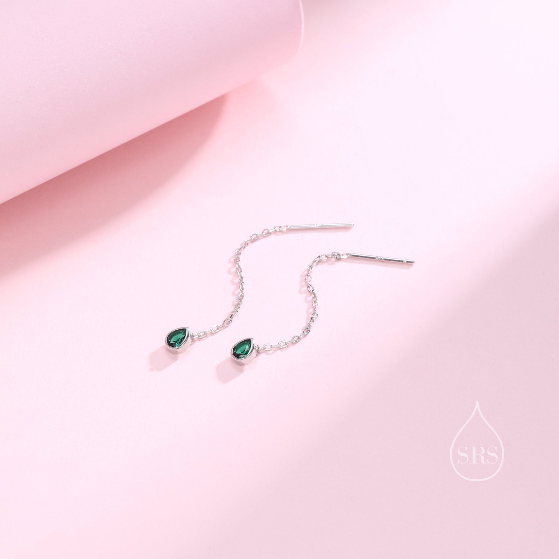 Tiny Emerald Green Droplet Bezel CZ Crystal Threader Earrings in Sterling Silver, Silver or Gold, Minimalist Pear Cut Ear Threaders