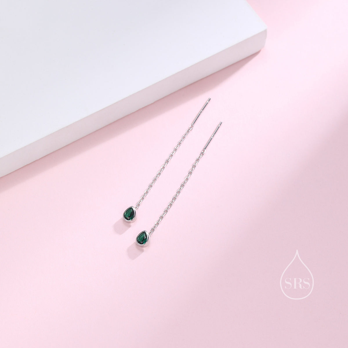 Tiny Emerald Green Droplet Bezel CZ Crystal Threader Earrings in Sterling Silver, Silver or Gold, Minimalist Pear Cut Ear Threaders