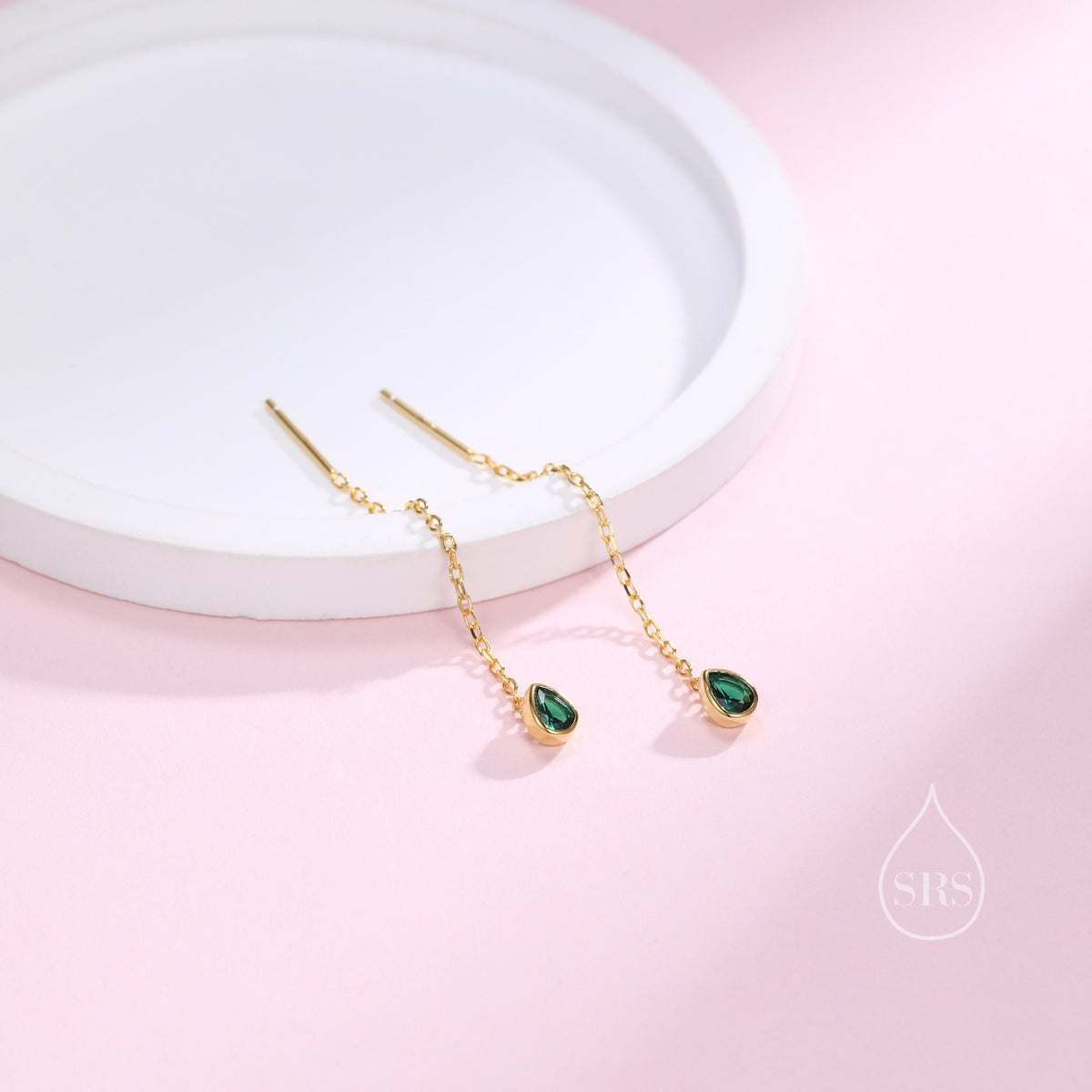 Tiny Emerald Green Droplet Bezel CZ Crystal Threader Earrings in Sterling Silver, Silver or Gold, Minimalist Pear Cut Ear Threaders