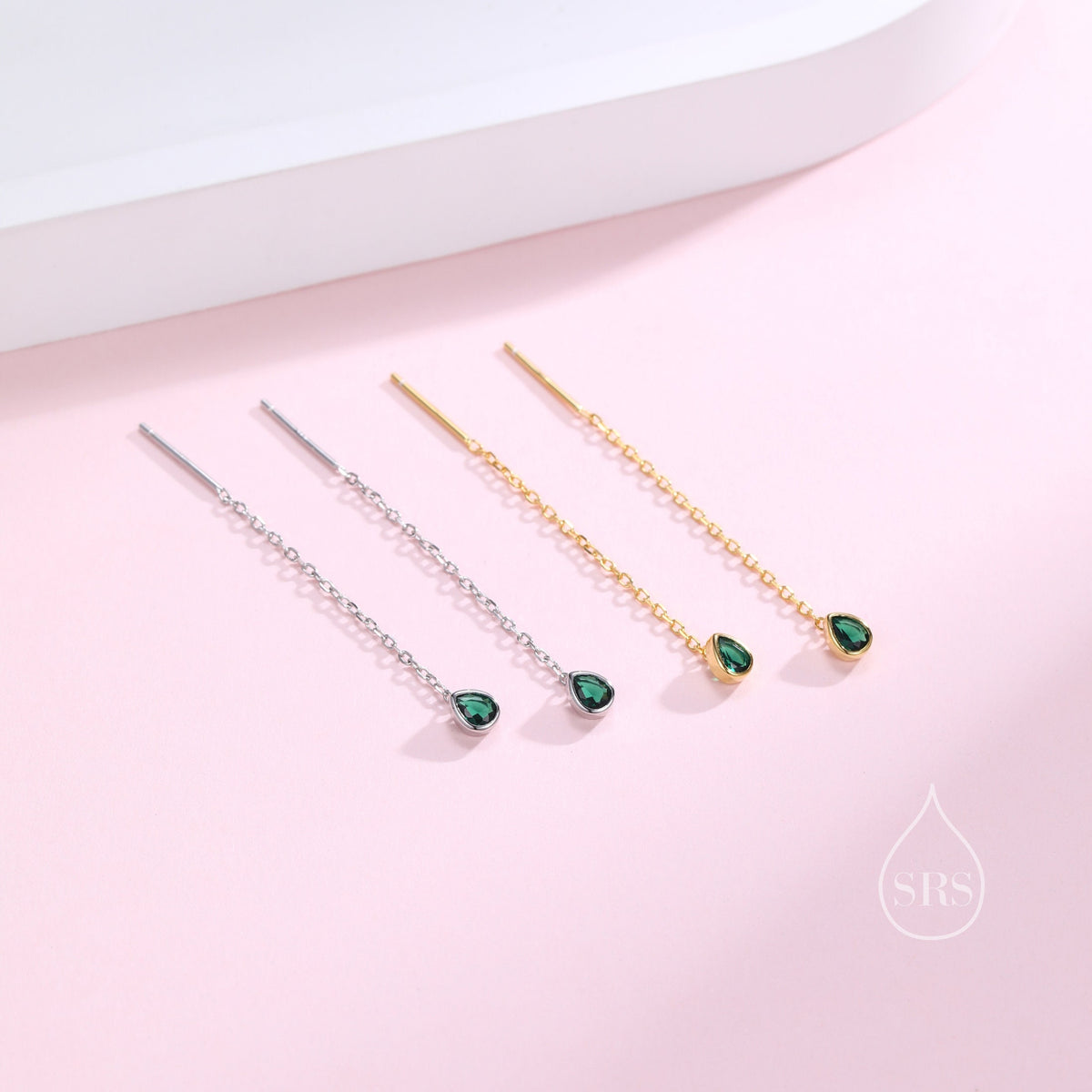 Tiny Emerald Green Droplet Bezel CZ Crystal Threader Earrings in Sterling Silver, Silver or Gold, Minimalist Pear Cut Ear Threaders