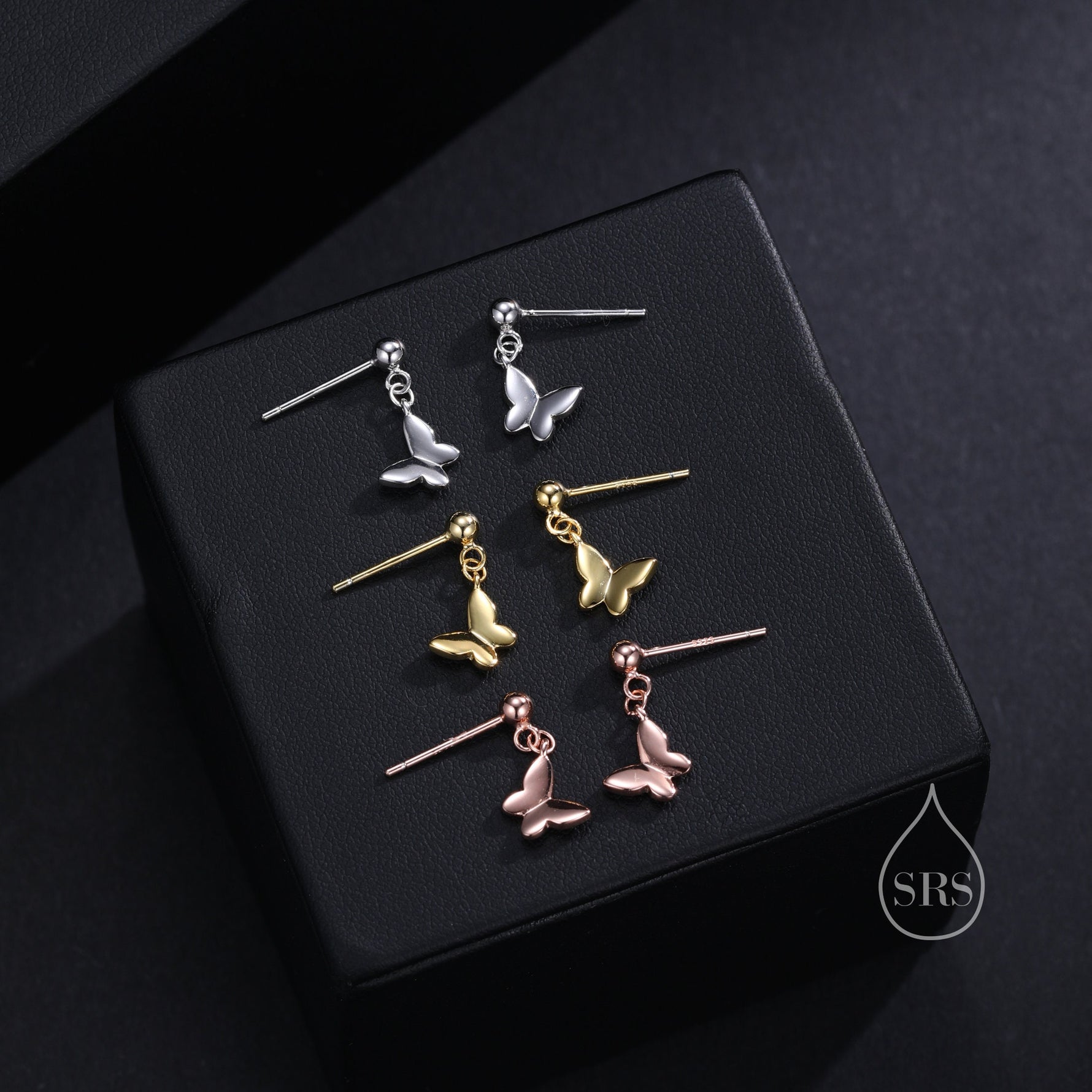 Sterling Silver Butterfly Drop Stud Earrings, Silver or Gold or Rose Gold, Butterfly Dangle Earrings, Dainty Butterfly Dangle Earrings