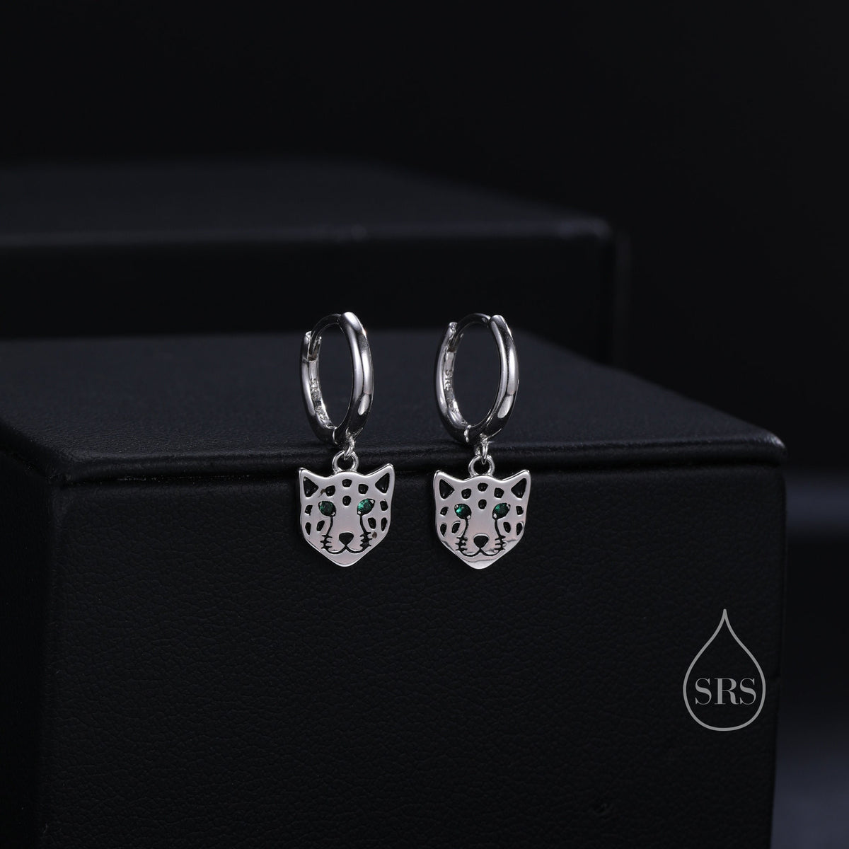 Leopard Face Huggie Hoop Earrings in Sterling Silver, Leopard Earrings, Leopard Dangle Hoops, Fish Hoops, Animal Earring