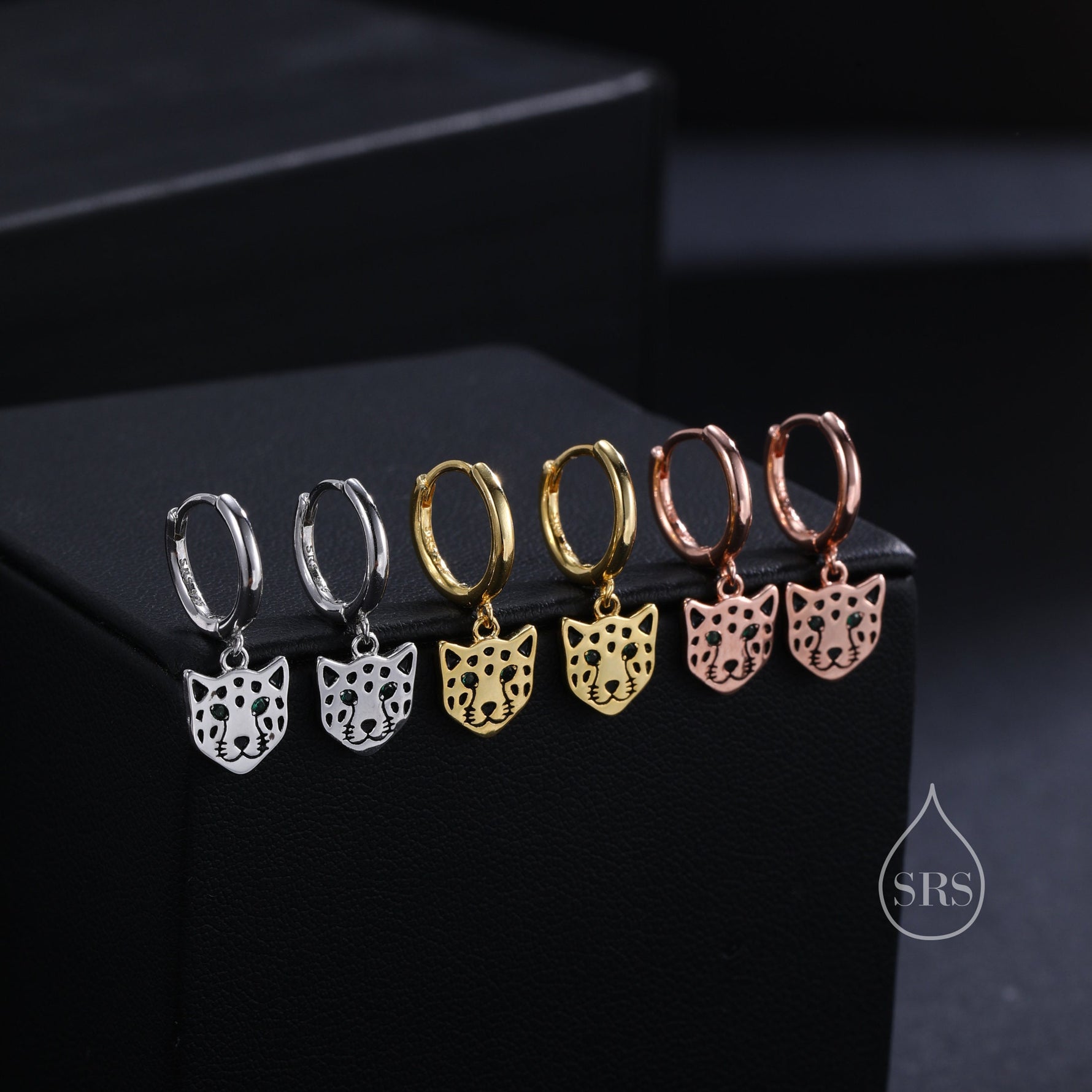 Leopard Face Huggie Hoop Earrings in Sterling Silver, Leopard Earrings, Leopard Dangle Hoops, Fish Hoops, Animal Earring