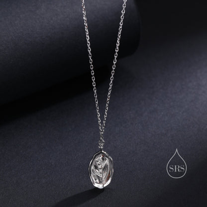 Lily of the Valley Flower Oval Pendant Necklace in Sterling Silver, Silver or Gold, May Birth Flower, Nature Inspired Flower Disk Necklace