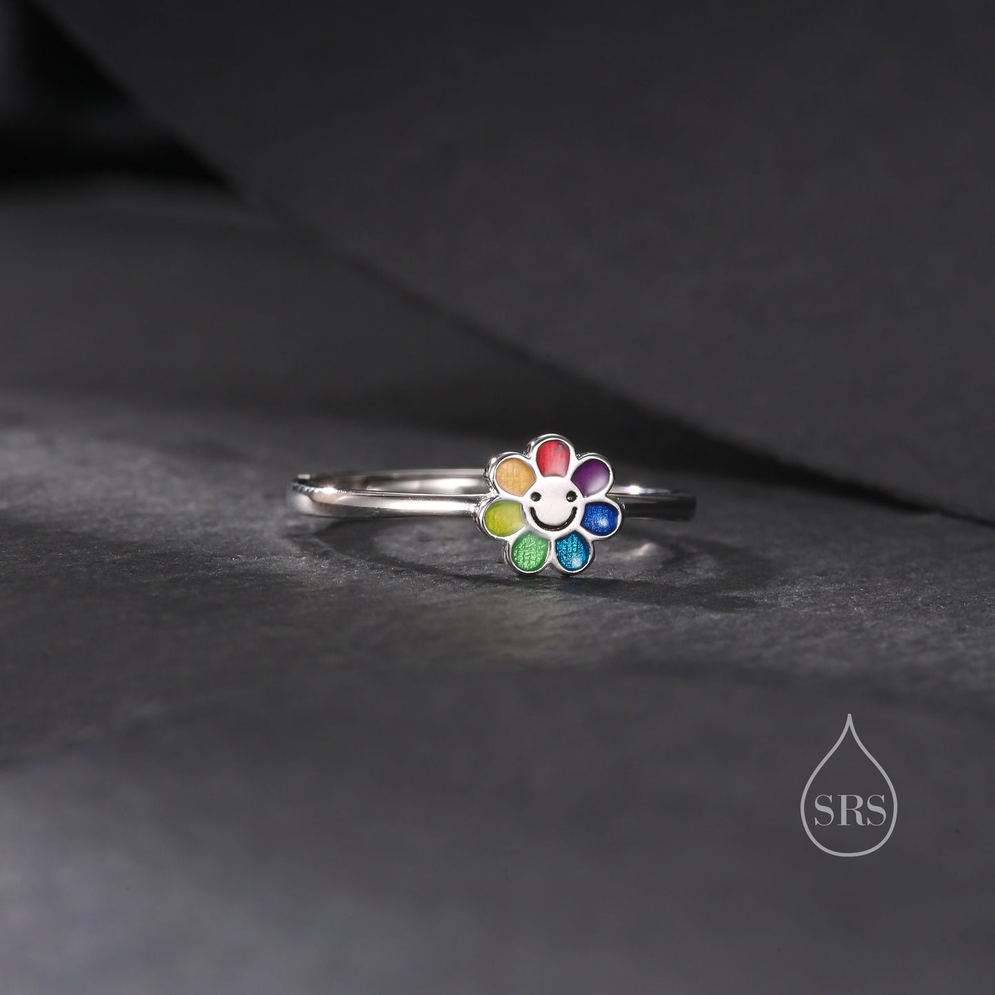 Sterling Silver Cute Little Smiling Flower Ring, Adjustable Size, Cute Rainbow Flower Jewellery, Dainty and Delicate, Flower Ring