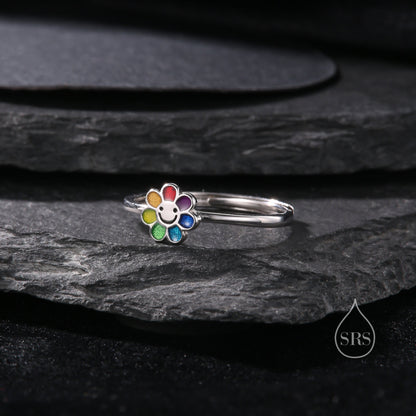 Sterling Silver Cute Little Smiling Flower Ring, Adjustable Size, Cute Rainbow Flower Jewellery, Dainty and Delicate, Flower Ring