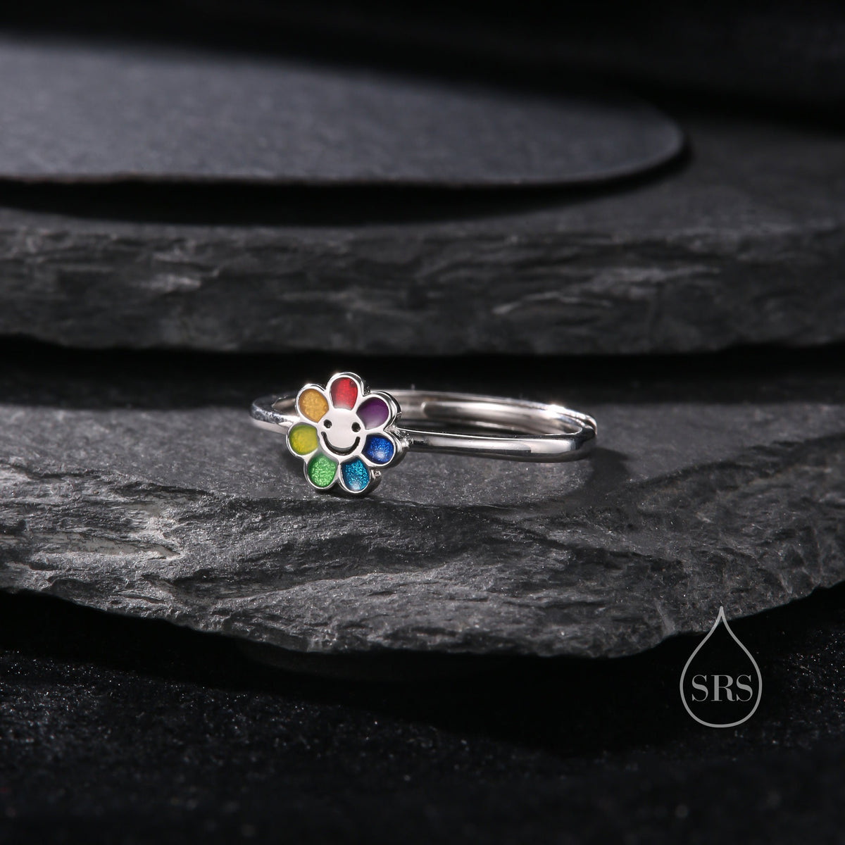 Sterling Silver Cute Little Smiling Flower Ring, Adjustable Size, Cute Rainbow Flower Jewellery, Dainty and Delicate, Flower Ring