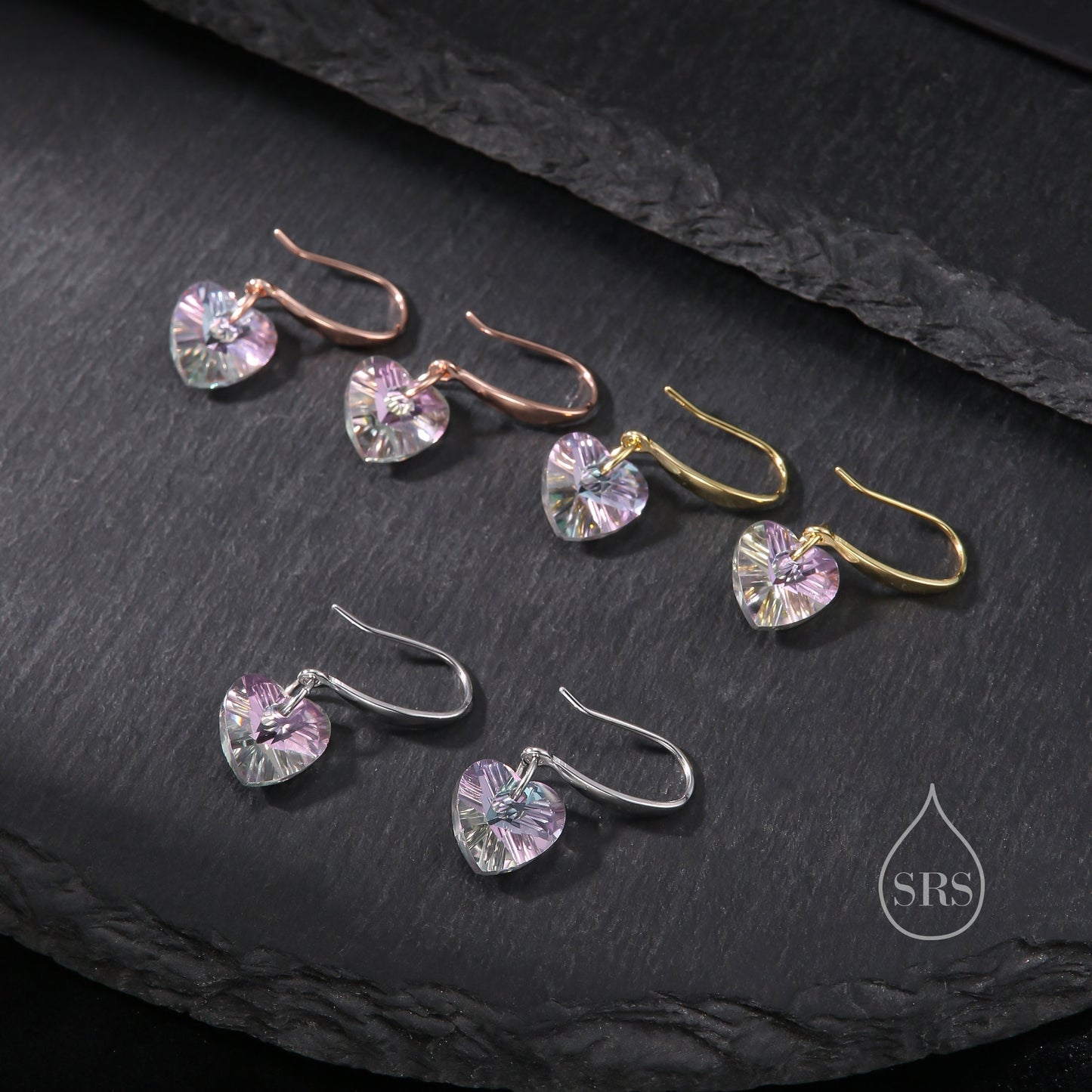 Alexandrite Purple Pink CZ Heart Drop Dangle Earrings in Sterling Silver, Silver or Rose Gold, Blue Crystal Heart Earrings