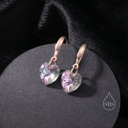 Alexandrite Purple Pink CZ Heart Drop Dangle Earrings in Sterling Silver, Silver or Rose Gold, Blue Crystal Heart Earrings