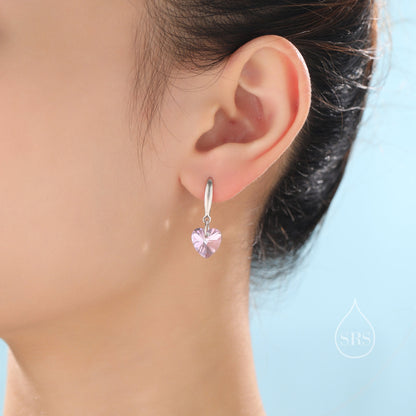 Alexandrite Purple Pink CZ Heart Drop Dangle Earrings in Sterling Silver, Silver or Rose Gold, Blue Crystal Heart Earrings